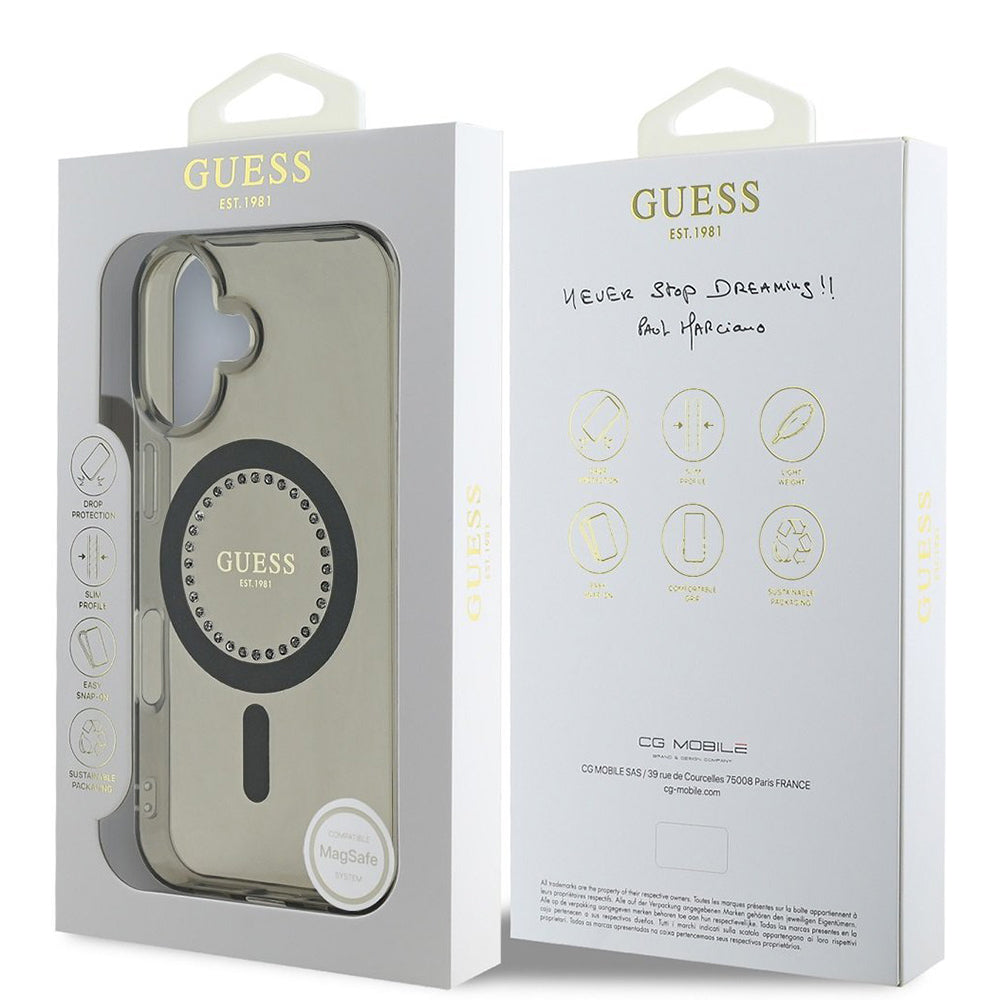 MagSafe Hülle für Apple iPhone 16, Guess, IML Rhinestone, Schwarz