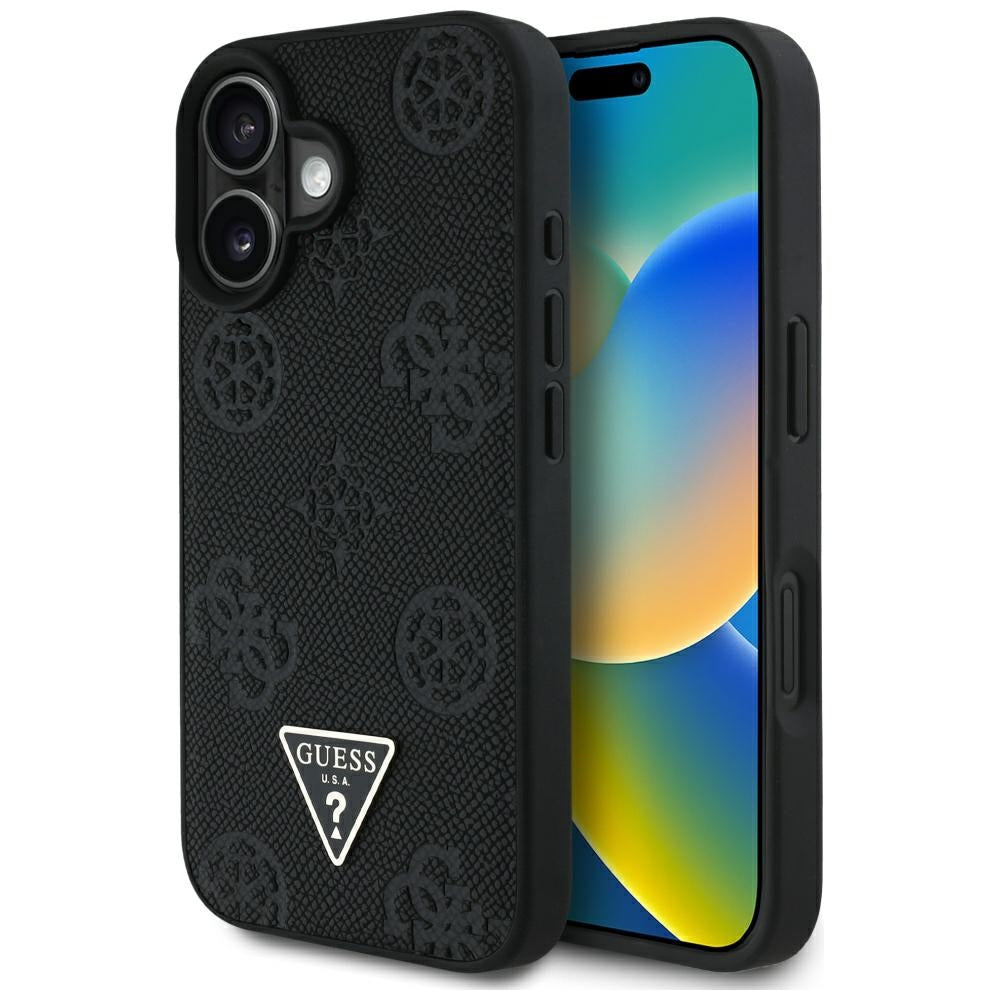 MagSafe Hülle für Apple iPhone 16, Guess, Peony Grained Hot Stamp Triangle, Schwarz