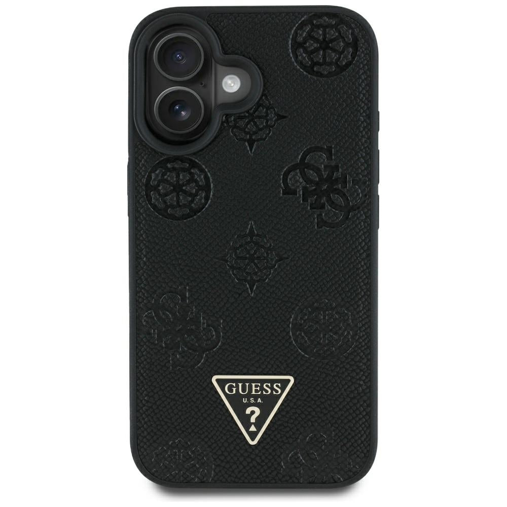 MagSafe Hülle für Apple iPhone 16, Guess, Peony Grained Hot Stamp Triangle, Schwarz