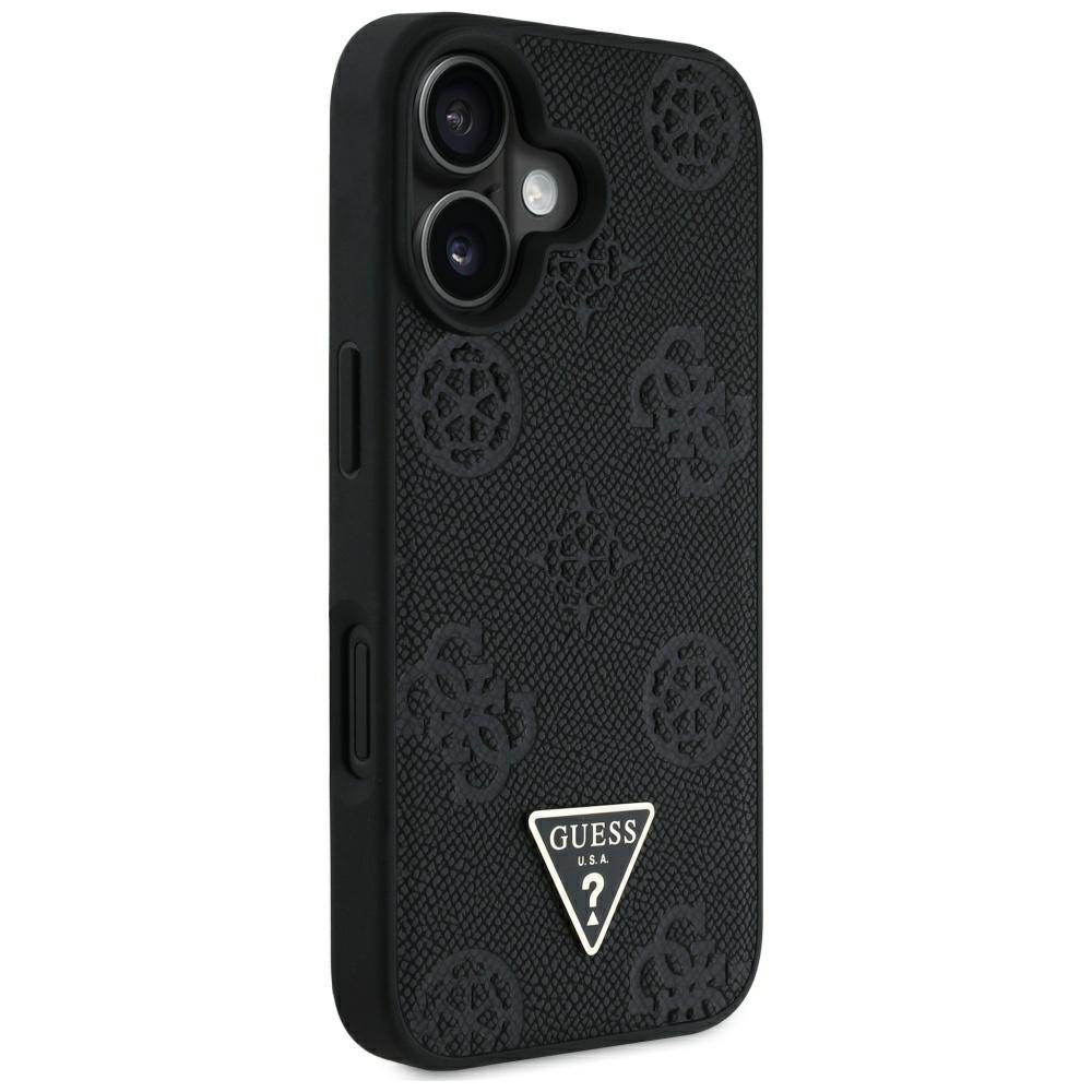 MagSafe Hülle für Apple iPhone 16, Guess, Peony Grained Hot Stamp Triangle, Schwarz