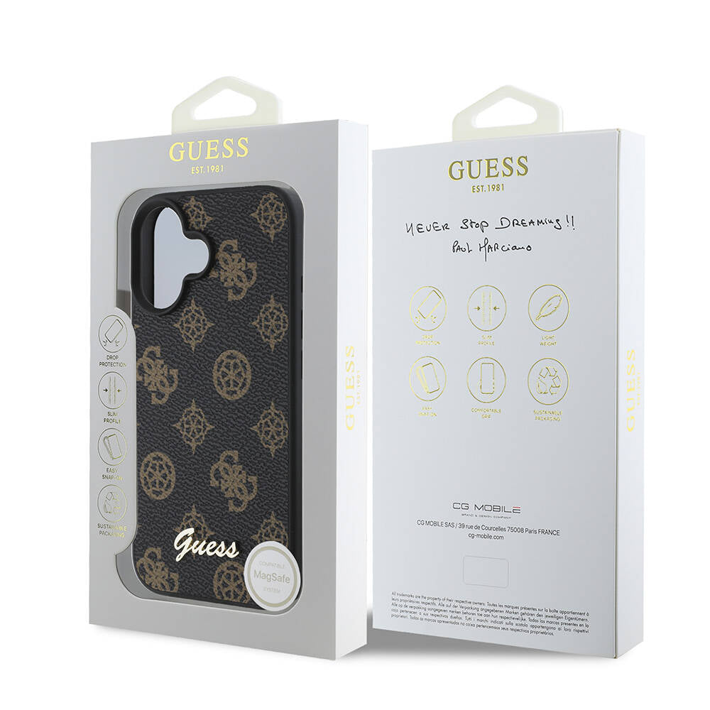 MagSafe Case for Apple iPhone 16, Guess, Peony Script, Black