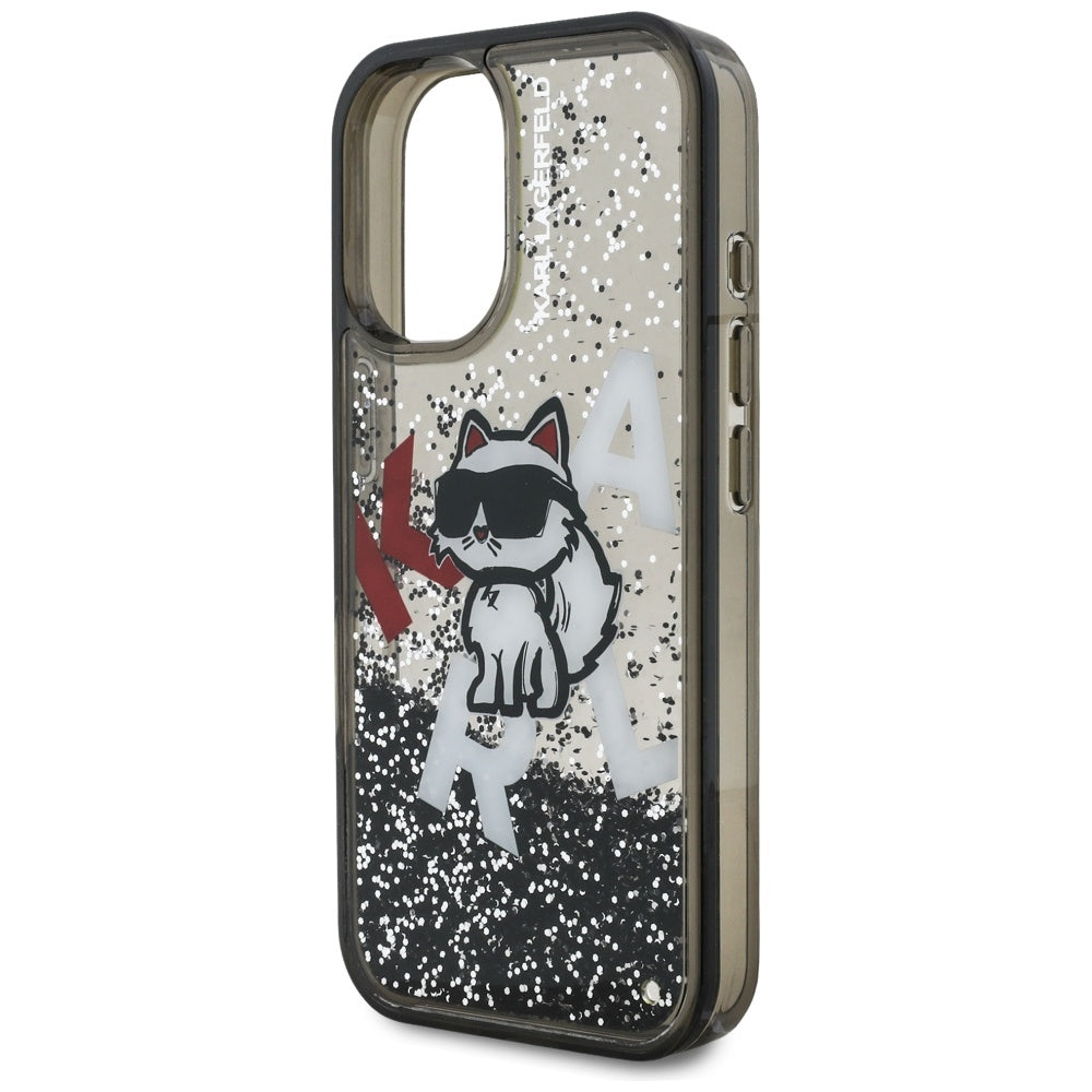 MagSafe Hülle für Apple iPhone 16, Karl Lagerfeld, Liquid Glitter Choupette Logo, Schwarz