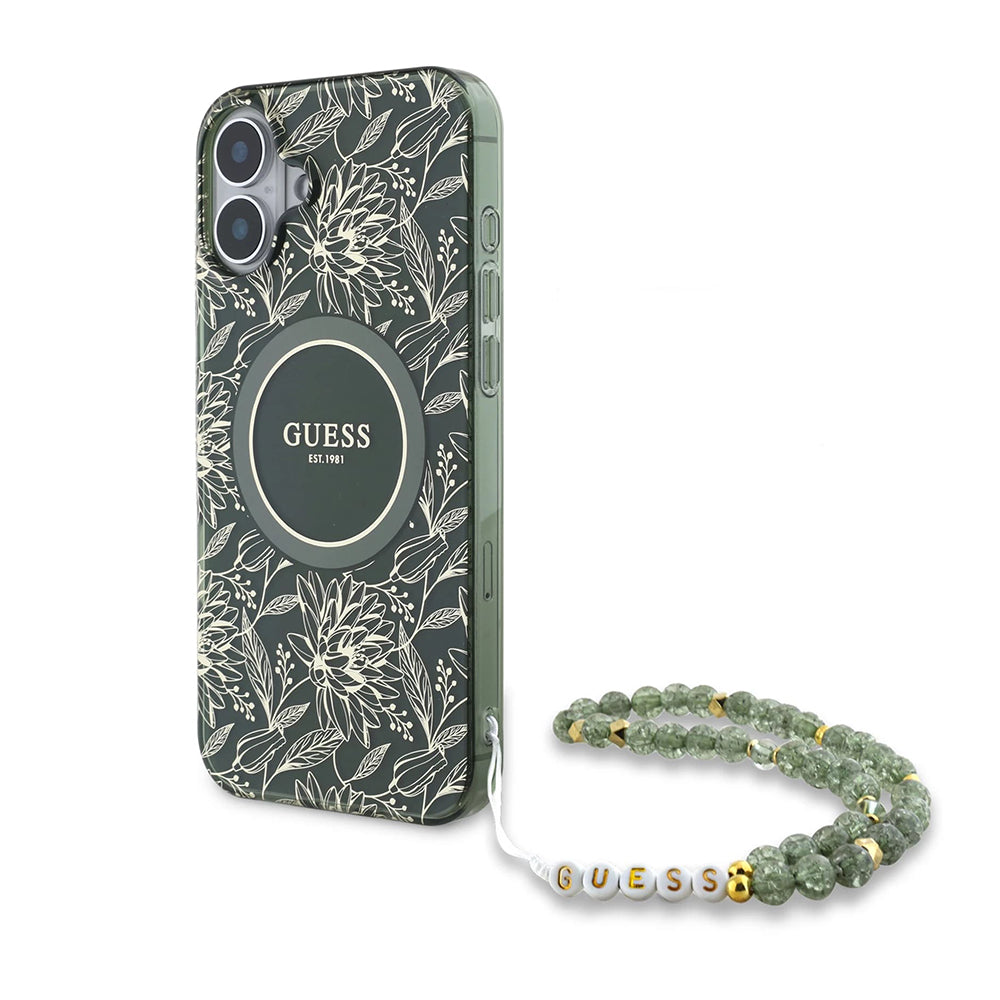 MagSafe Hülle für Apple iPhone 16 Plus, Guess, IML Flowers Allover Electroplated with Pearl Strap, Grün
