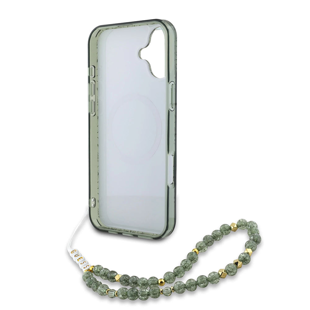 MagSafe Hülle für Apple iPhone 16 Plus, Guess, IML Flowers Allover Electroplated with Pearl Strap, Grün