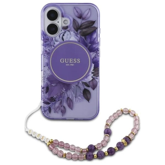 MagSafe Hülle für Apple iPhone 16 Plus, Guess, IML Flowers with Pearl Strap, Lila