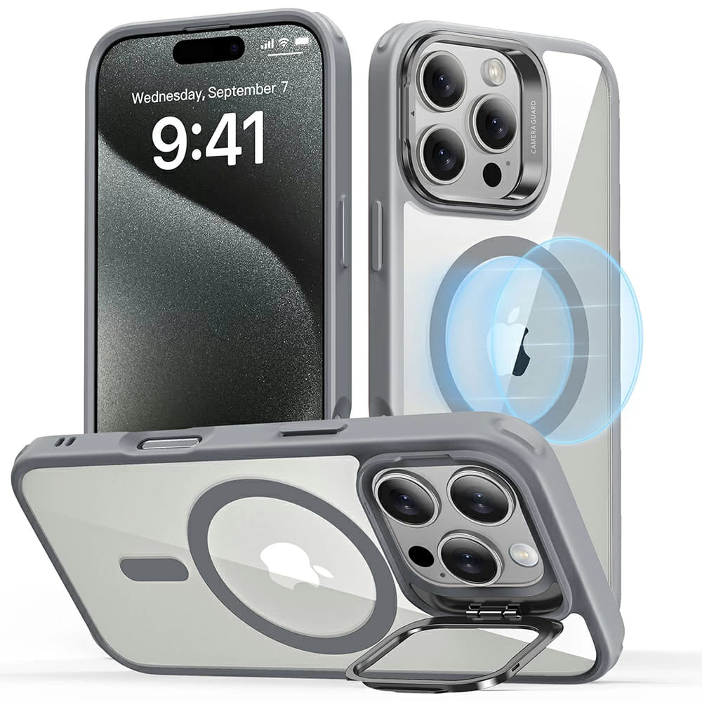MagSafe Hülle für Apple iPhone 16 Pro, ESR, Classic Hybrid Kickstand, Transparent Grau