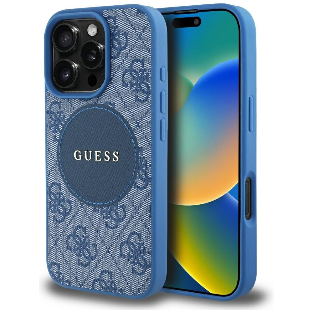 MagSafe Hülle für Apple iPhone 16 Pro, Guess, 4G Circle Classic Logo, Blau
