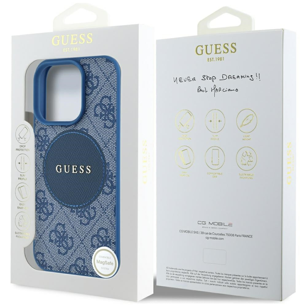 MagSafe Hülle für Apple iPhone 16 Pro, Guess, 4G Circle Classic Logo, Blau