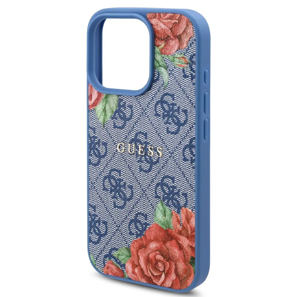 MagSafe Hülle für Apple iPhone 16 Pro, Guess, 4G Flowers Print, Blau