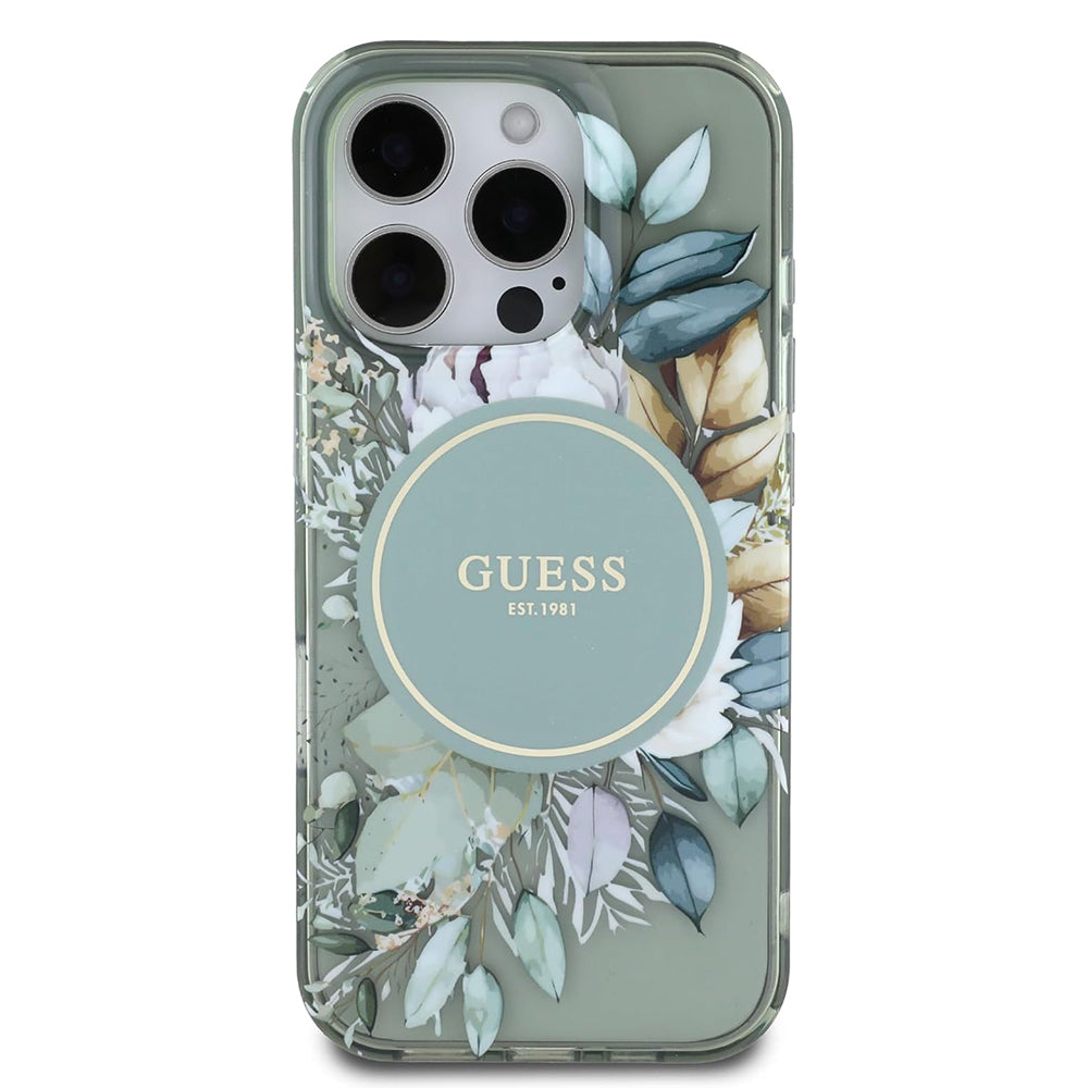 MagSafe Hülle für Apple iPhone 16 Pro, Guess, IML Flower & Tonal Circle, Grün