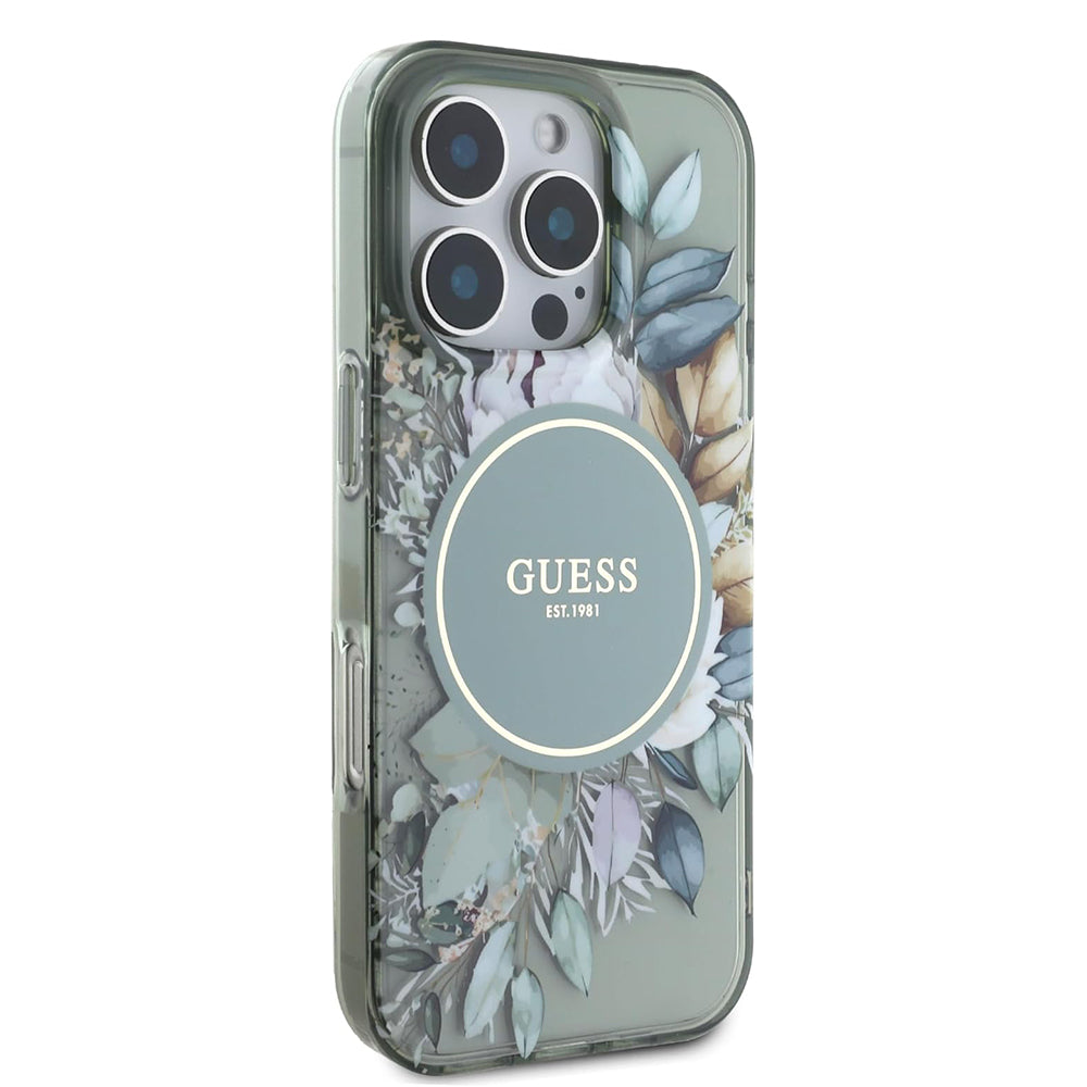 MagSafe Hülle für Apple iPhone 16 Pro, Guess, IML Flower & Tonal Circle, Grün