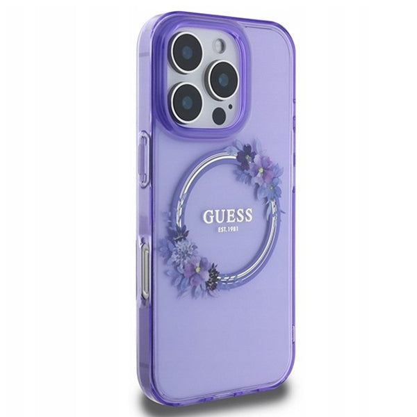 MagSafe Hülle für Apple iPhone 16 Pro, Guess, IML Flowers Wreath, Lila