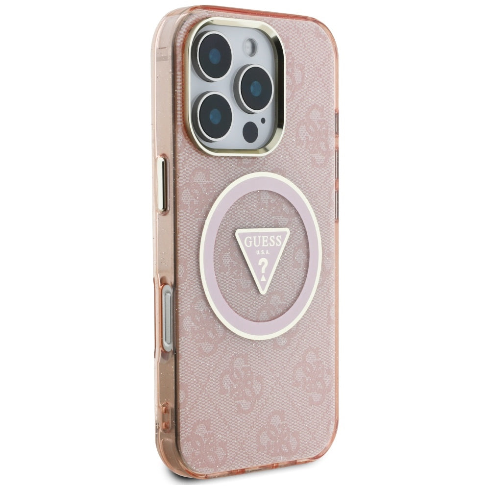 MagSafe Hülle für Apple iPhone 16 Pro, Guess, IML Glitter 4G Circle Triangle, Rosa