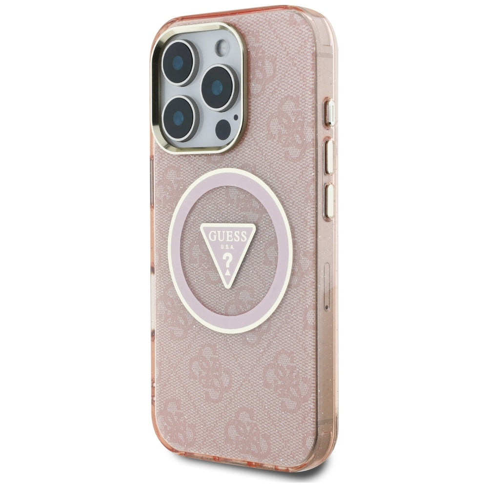 MagSafe Hülle für Apple iPhone 16 Pro, Guess, IML Glitter 4G Circle Triangle, Rosa