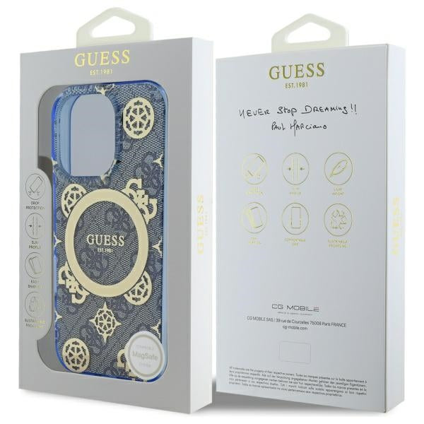 MagSafe Case for Apple iPhone 16 Pro, Guess, IML Peony On 4G Background, Blue
