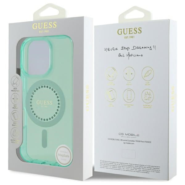 MagSafe Hülle für Apple iPhone 16 Pro, Guess, IML Rhinestone, Grün
