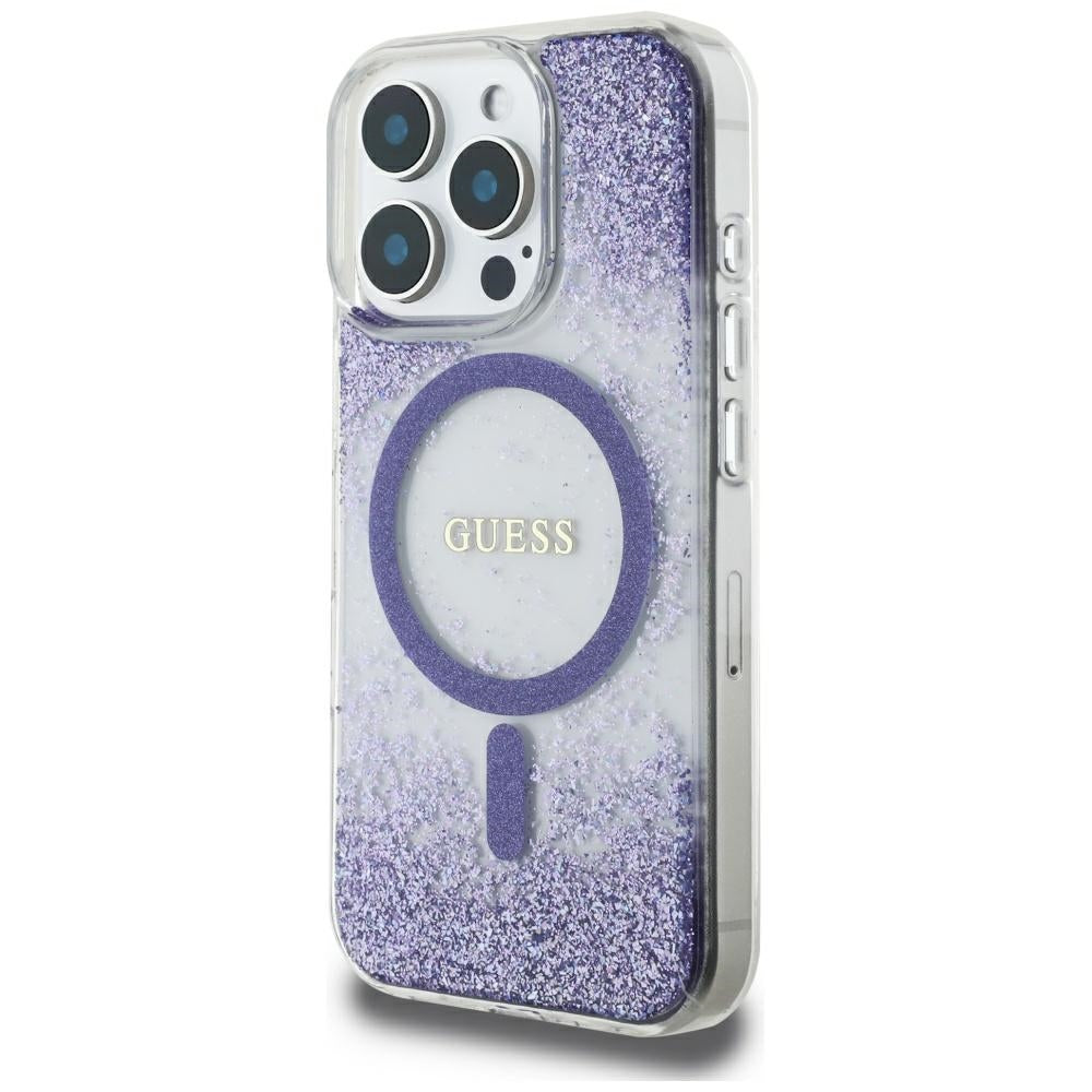 MagSafe Hülle für Apple iPhone 16 Pro, Guess, Resin Bottom Glitter, Lila