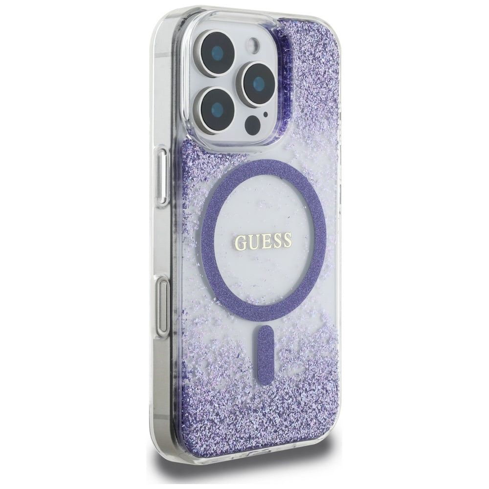 MagSafe Hülle für Apple iPhone 16 Pro, Guess, Resin Bottom Glitter, Lila