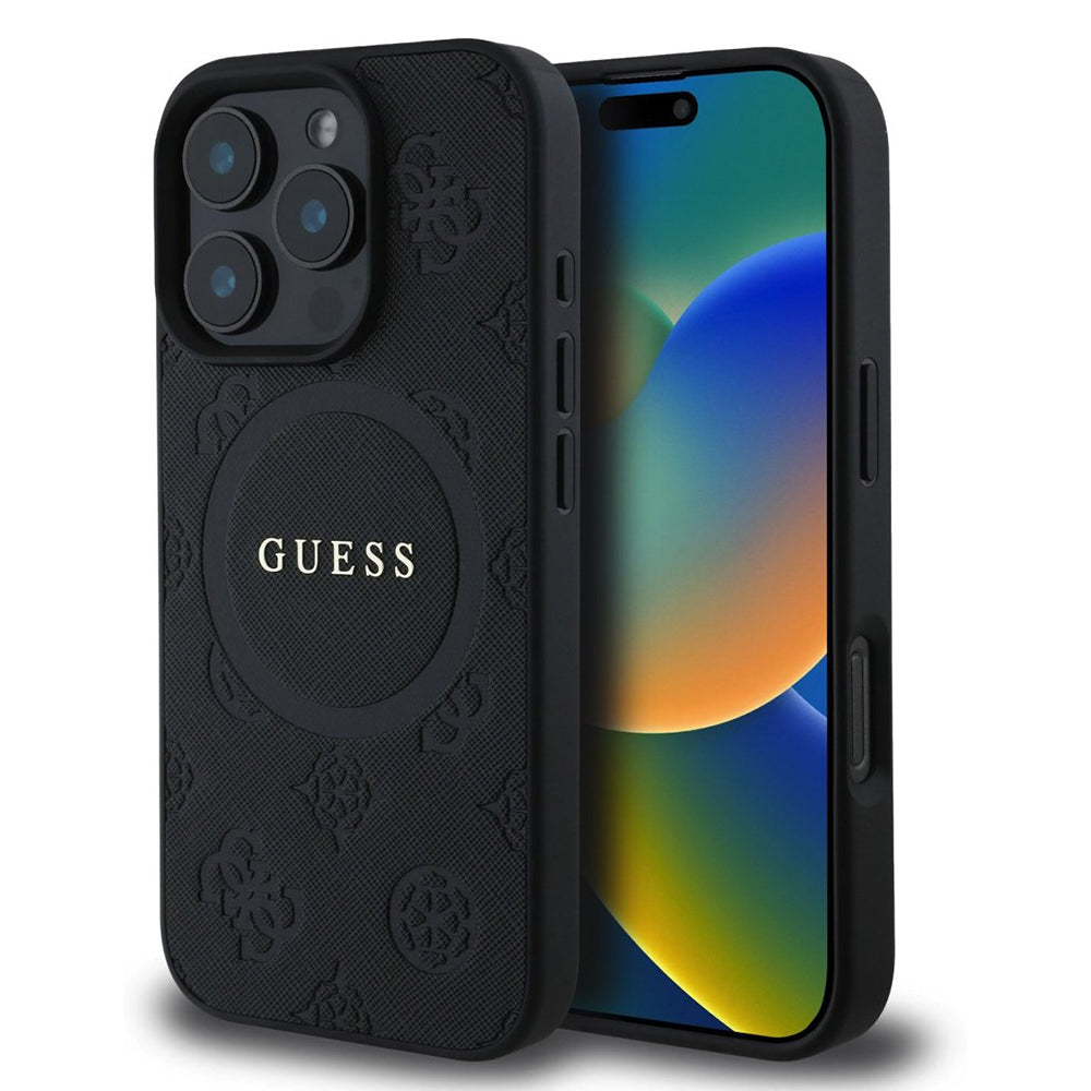 MagSafe Hülle für Apple iPhone 16 Pro, Guess, Saffiano Peony Classic Logo, Schwarz