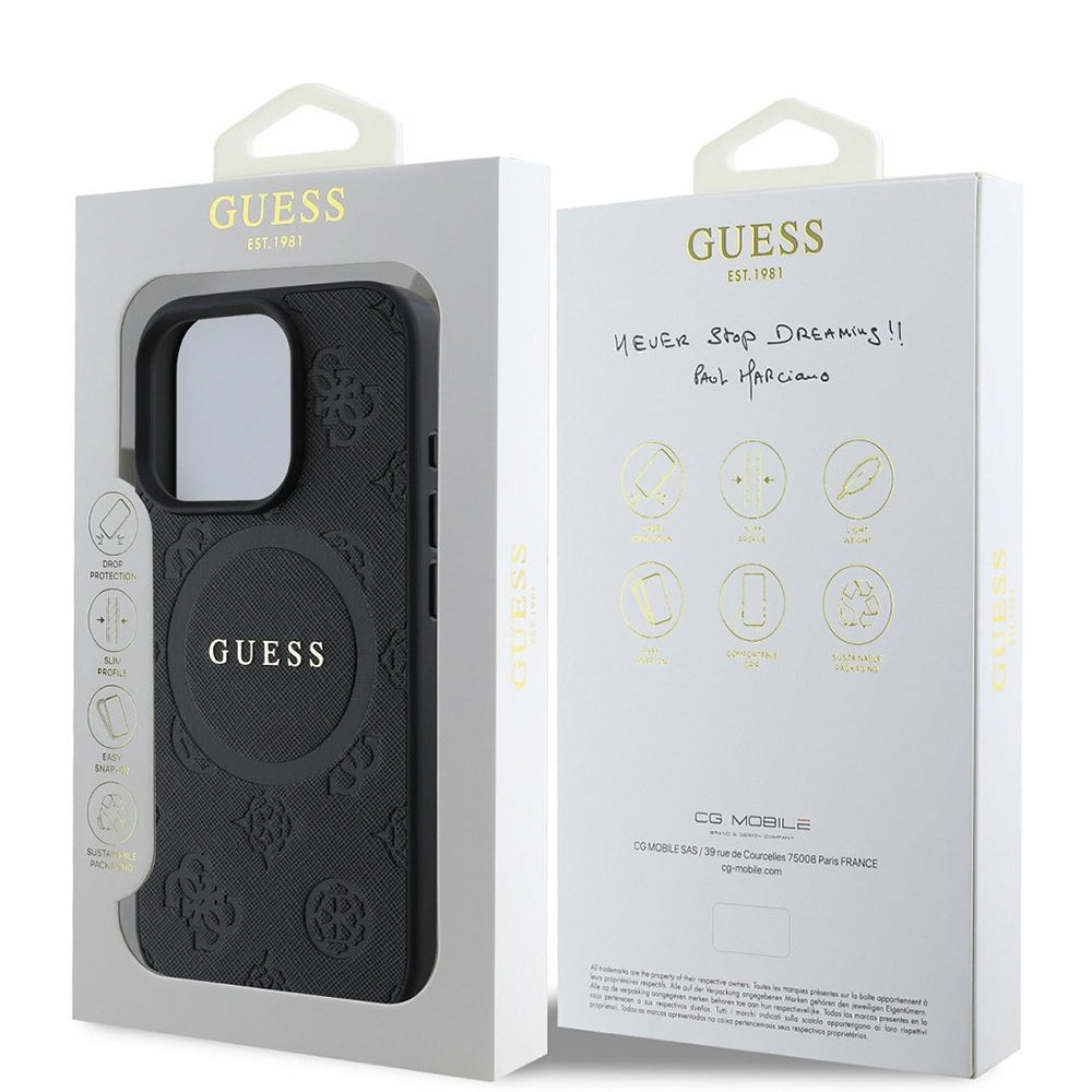 MagSafe Hülle für Apple iPhone 16 Pro, Guess, Saffiano Peony Classic Logo, Schwarz