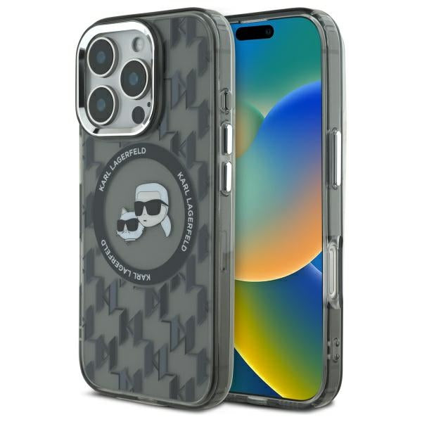 MagSafe Hülle für Apple iPhone 16 Pro, Karl Lagerfeld, IML Monogramm Karl & Choupette's Köpfe, Schwarz