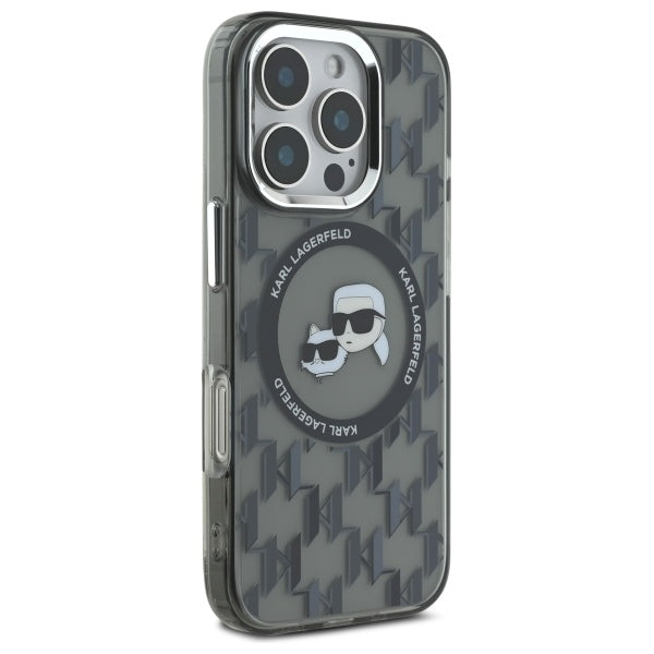 MagSafe Hülle für Apple iPhone 16 Pro, Karl Lagerfeld, IML Monogramm Karl & Choupette's Köpfe, Schwarz
