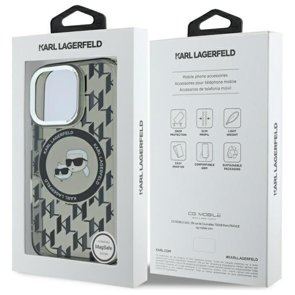 MagSafe Hülle für Apple iPhone 16 Pro, Karl Lagerfeld, IML Monogramm Karl & Choupette's Köpfe, Schwarz