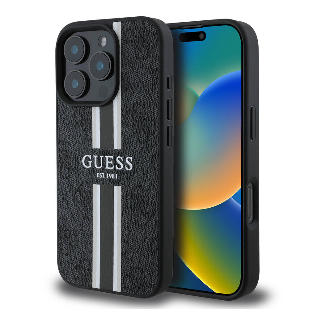 MagSafe Hülle für Apple iPhone 16 Pro Max, Guess, 4G Printed Stripes, Schwarz
