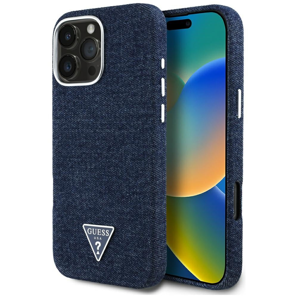 MagSafe Hülle für Apple iPhone 16 Pro Max, Guess, Denim Triangle Logo, Blau