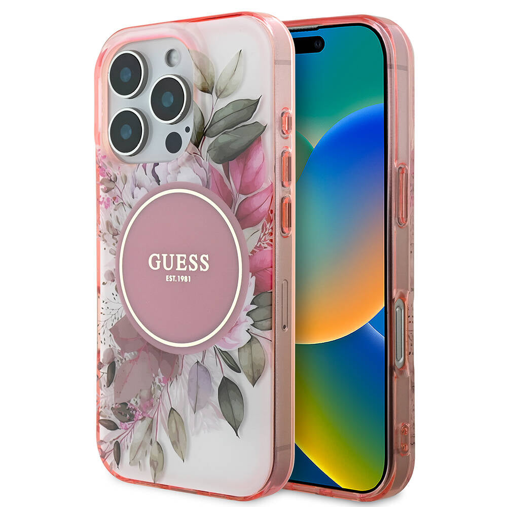 MagSafe Hülle für Apple iPhone 16 Pro Max, Guess, IML Flower & Tonal Circle, Rosa