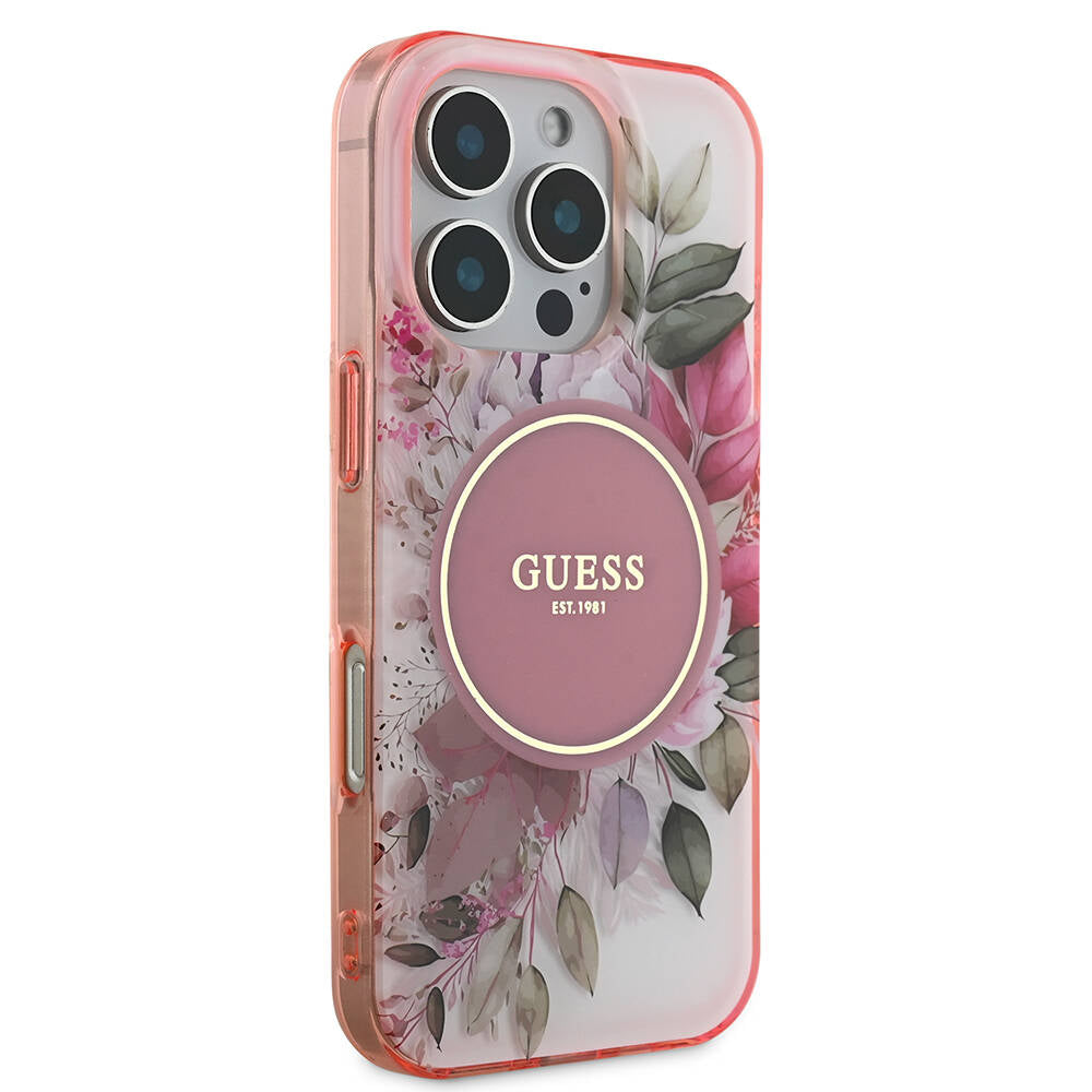 MagSafe Hülle für Apple iPhone 16 Pro Max, Guess, IML Flower & Tonal Circle, Rosa