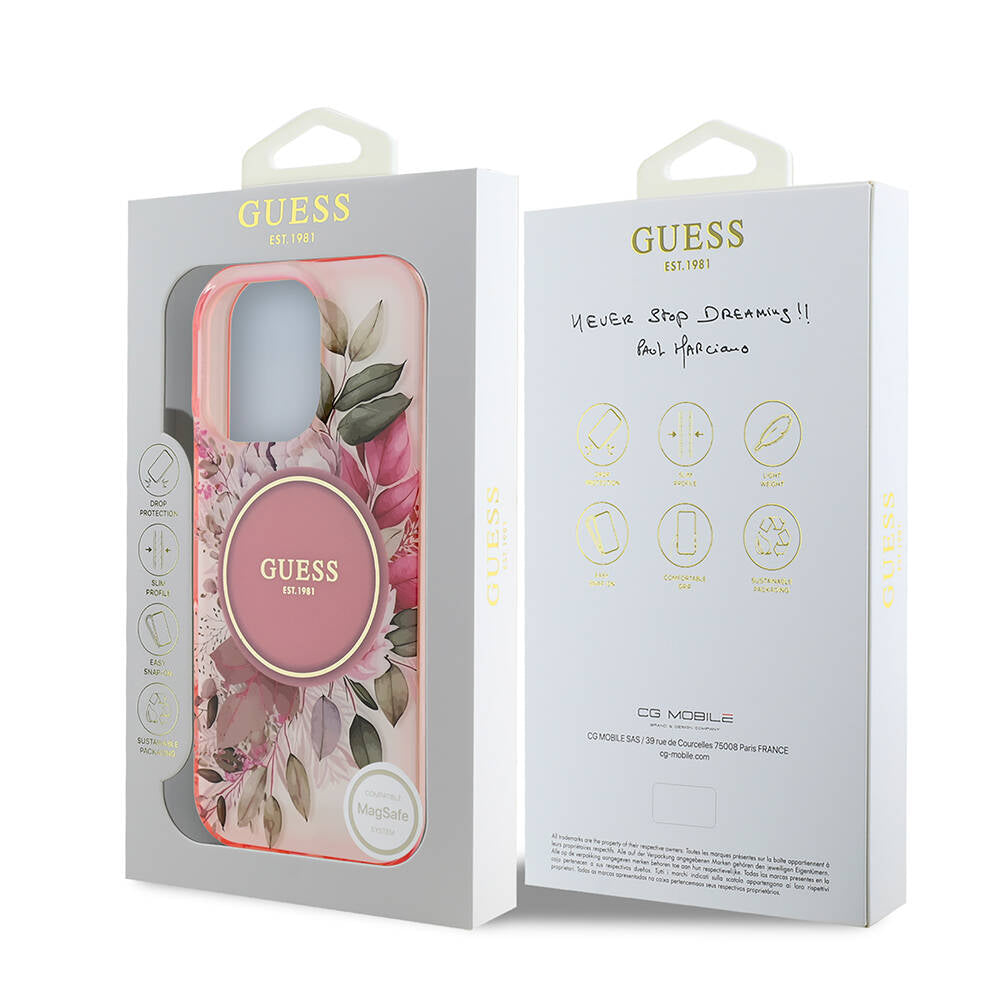 MagSafe Hülle für Apple iPhone 16 Pro Max, Guess, IML Flower & Tonal Circle, Rosa