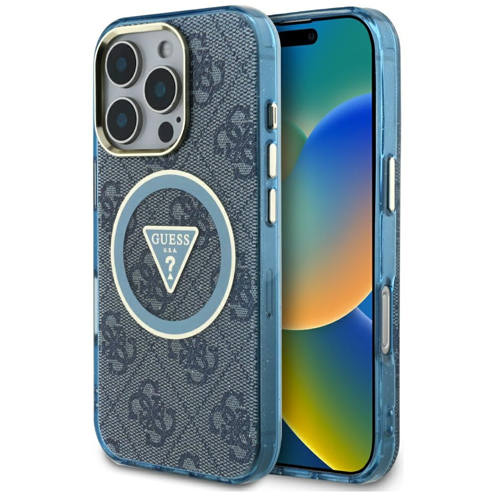 MagSafe Hülle für Apple iPhone 16 Pro Max, Guess, IML Glitter 4G Circle Triangle, Blau