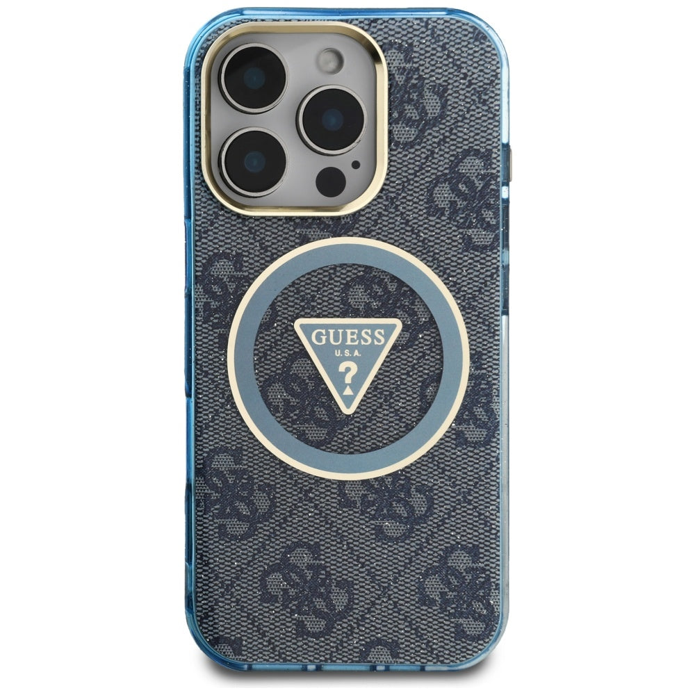MagSafe Hülle für Apple iPhone 16 Pro Max, Guess, IML Glitter 4G Circle Triangle, Blau