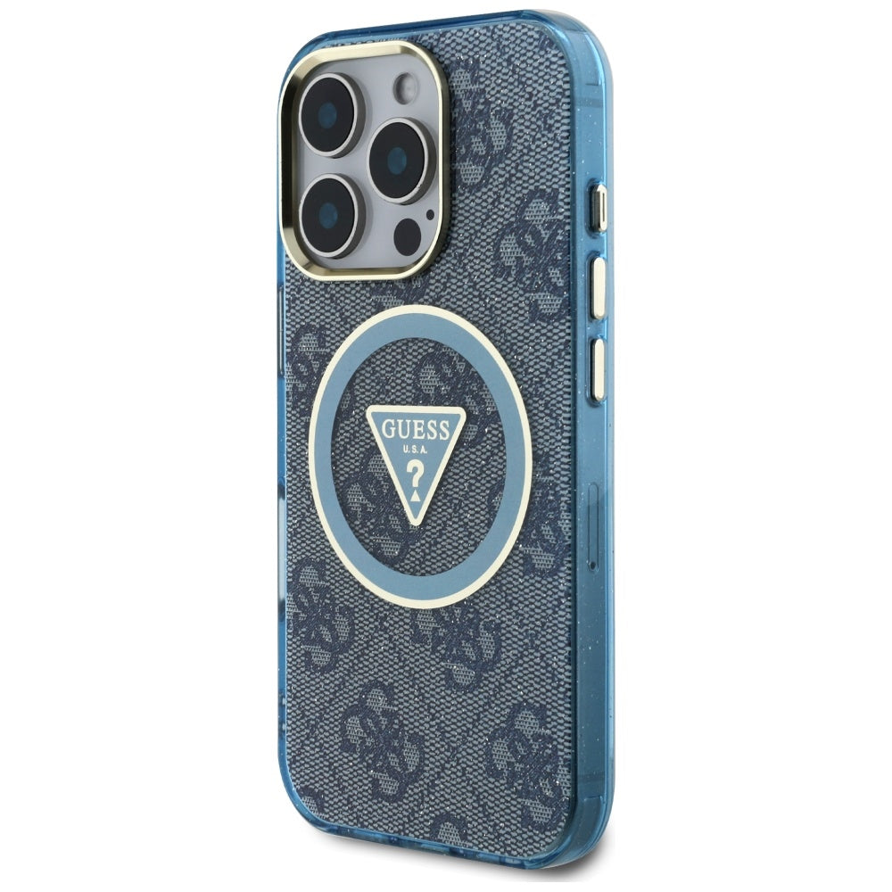 MagSafe Hülle für Apple iPhone 16 Pro Max, Guess, IML Glitter 4G Circle Triangle, Blau