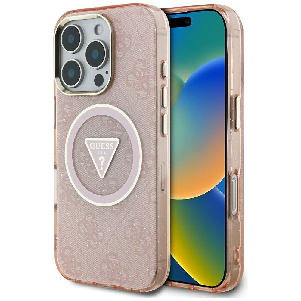 MagSafe Case for Apple iPhone 16 Pro Max, Guess, IML Glitter 4G Circle Triangle, Pink