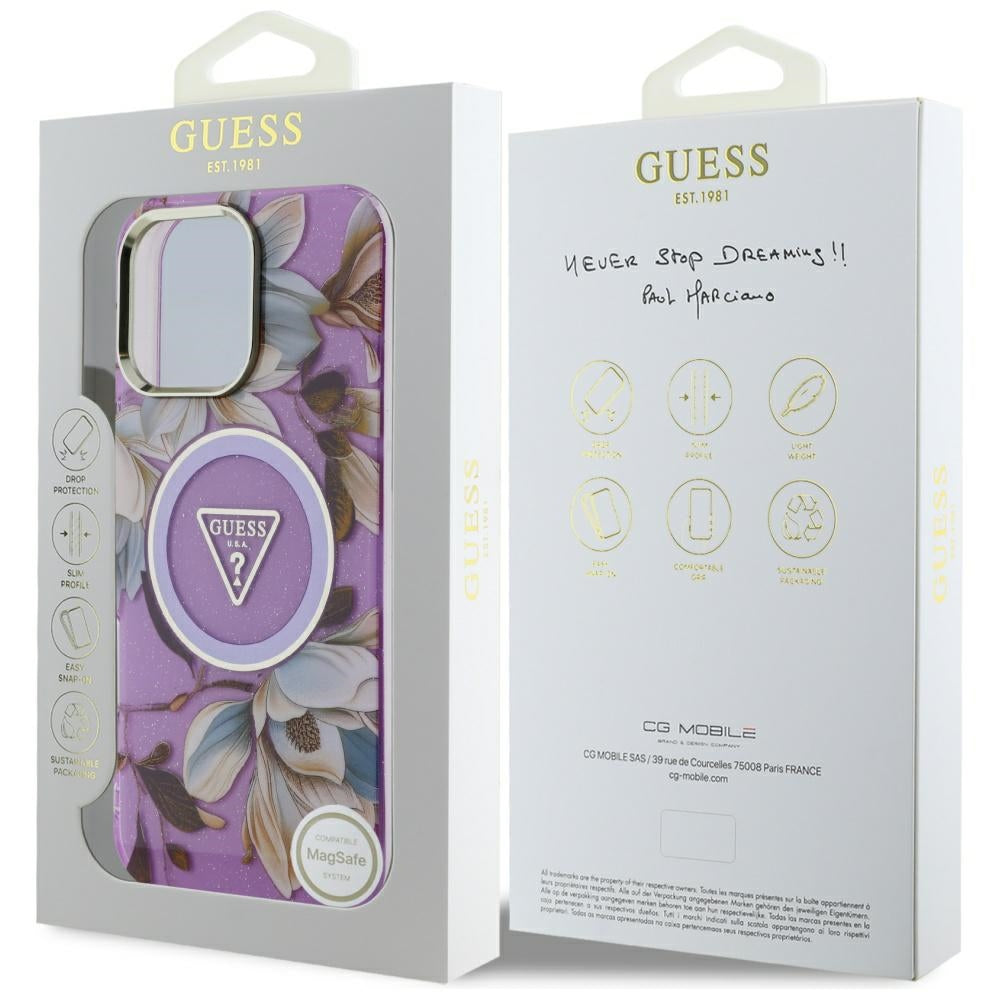 MagSafe Case for Apple iPhone 16 Pro Max, Guess, IML Metal Glitter Flowers Triangle, Purple