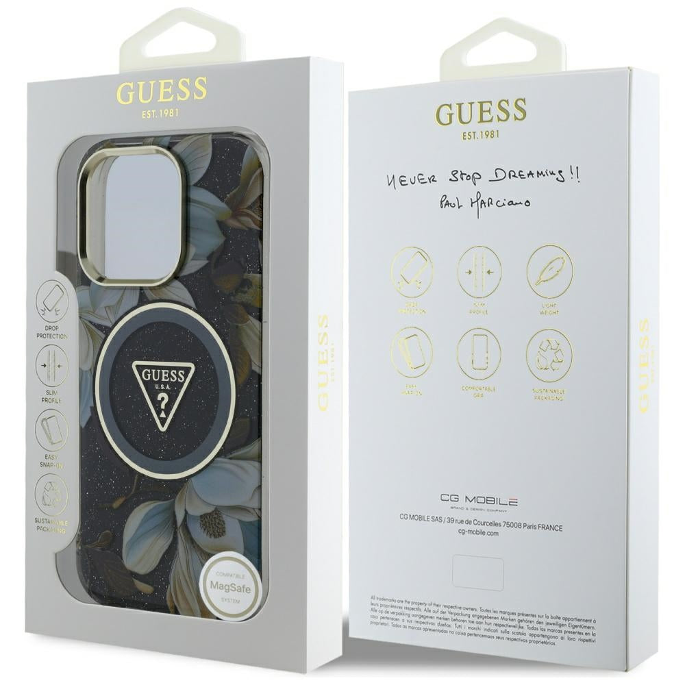 MagSafe Hülle für Apple iPhone 16 Pro Max, Guess, IML Metal Glitter Flowers Triangle, Schwarz