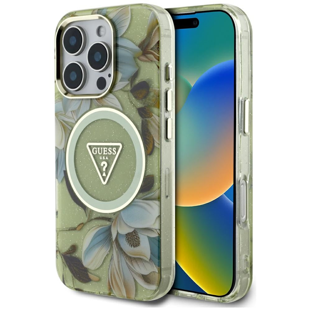 MagSafe Hülle für Apple iPhone 16 Pro Max, Guess, IML Metal Glitter Flowers Triangle, Grün