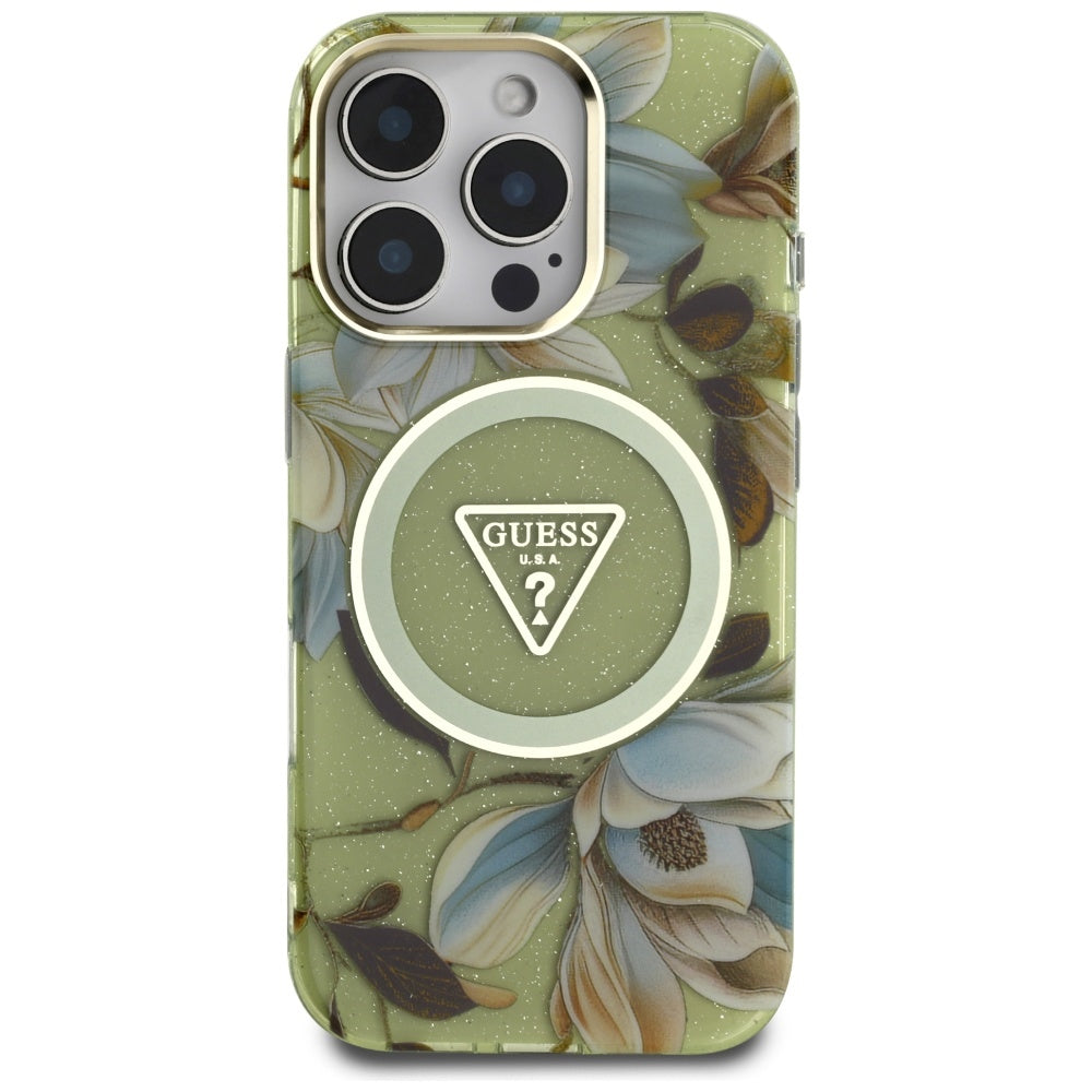 MagSafe Hülle für Apple iPhone 16 Pro Max, Guess, IML Metal Glitter Flowers Triangle, Grün