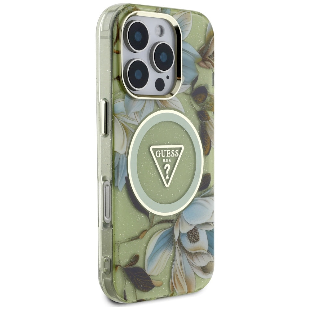 MagSafe Hülle für Apple iPhone 16 Pro Max, Guess, IML Metal Glitter Flowers Triangle, Grün