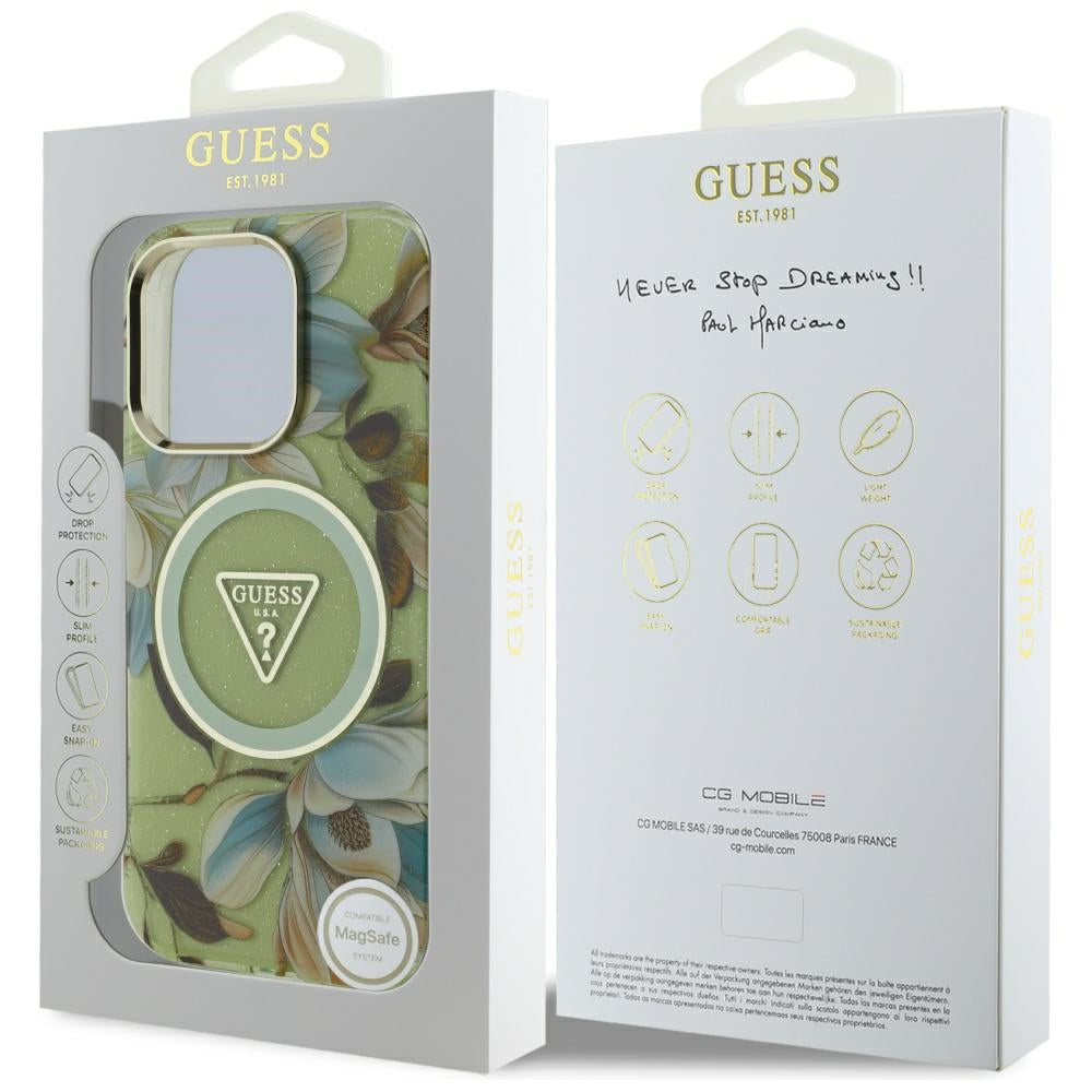 MagSafe Hülle für Apple iPhone 16 Pro Max, Guess, IML Metal Glitter Flowers Triangle, Grün