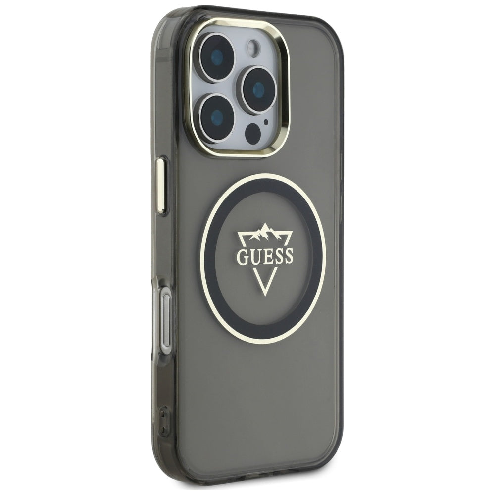 MagSafe Hülle für Apple iPhone 16 Pro Max, Guess, IML Metal Mountain Logo, Schwarz
