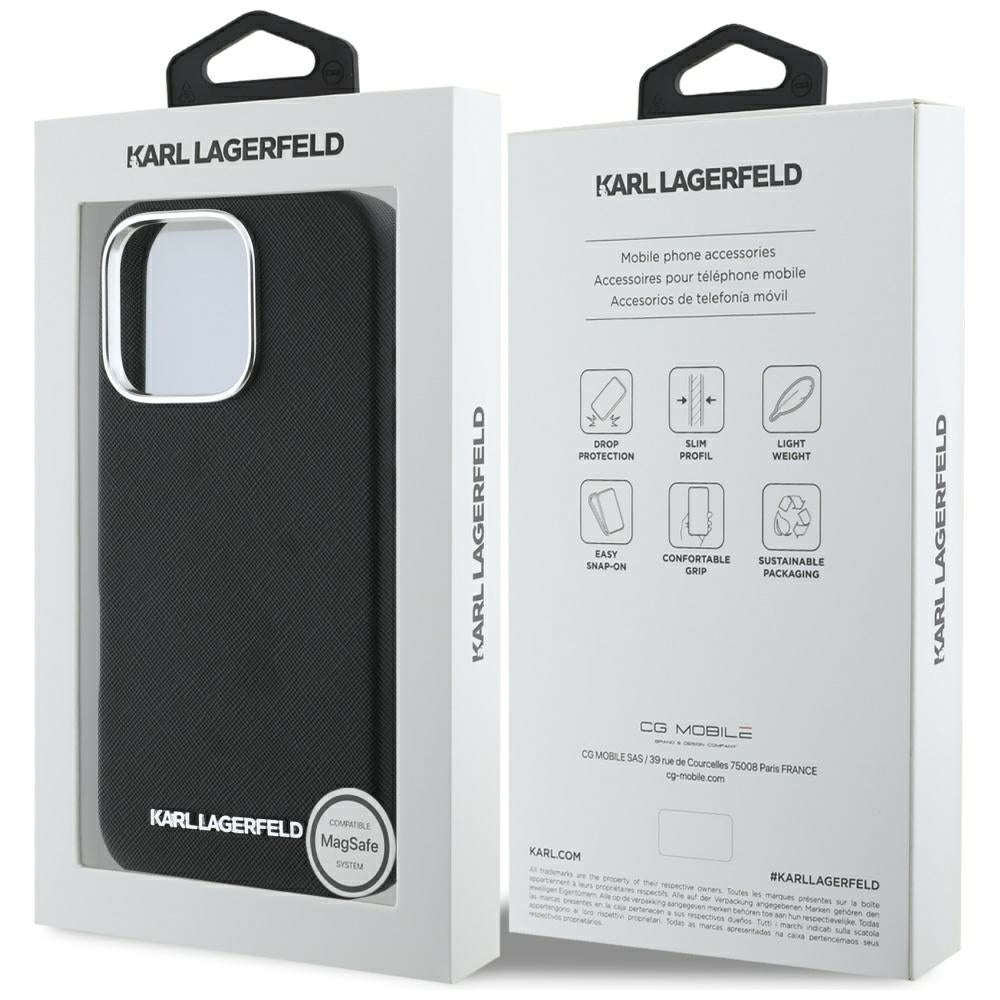 MagSafe Hülle für Apple iPhone 16 Pro Max, Karl Lagerfeld, Saffiano Full Wrapped Elongated Metal Logo, Schwarz