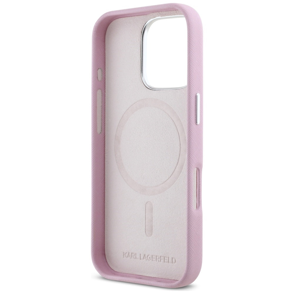 MagSafe Hülle für Apple iPhone 16 Pro Max, Karl Lagerfeld, Saffiano Full Wrapped Elongated Metal Logo, Rosa