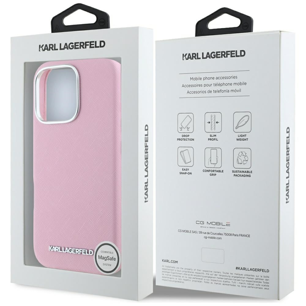 MagSafe Hülle für Apple iPhone 16 Pro Max, Karl Lagerfeld, Saffiano Full Wrapped Elongated Metal Logo, Rosa