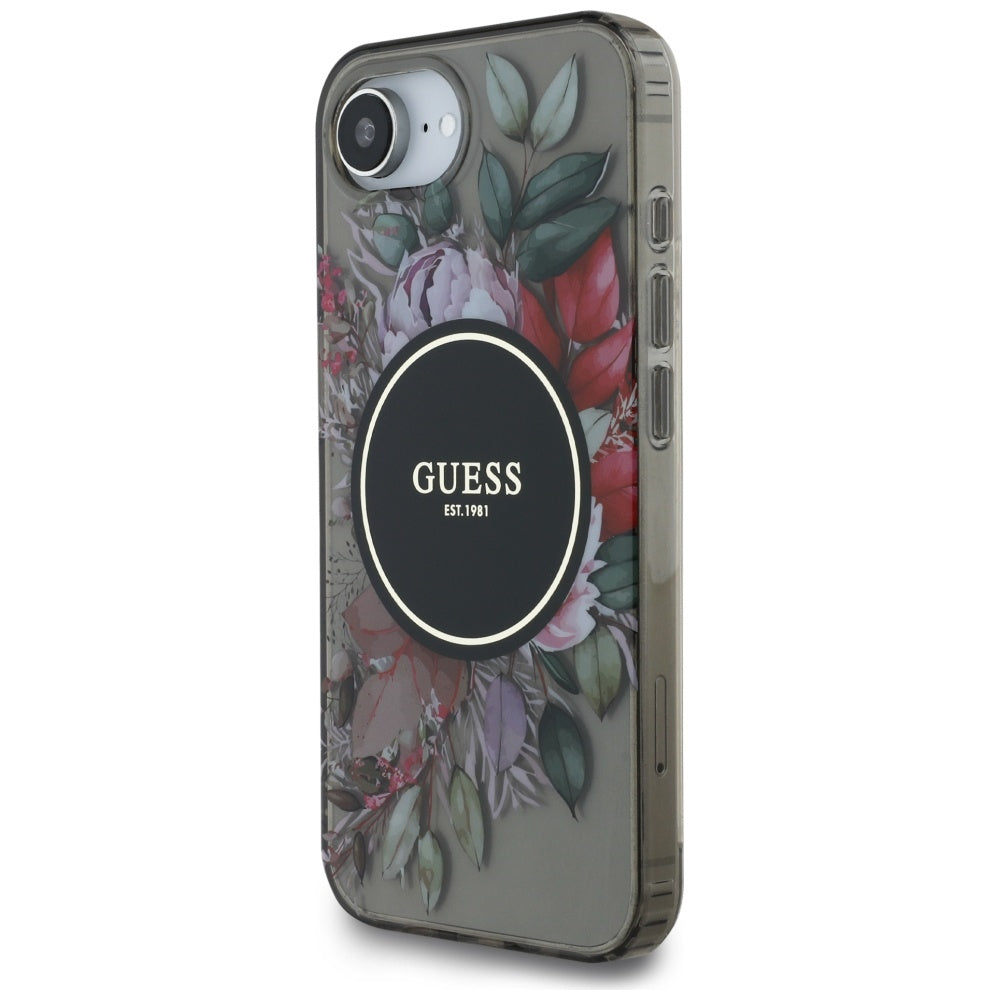 MagSafe Hülle für Apple iPhone 17e / 16e, Guess, IML Flowers, Schwarz