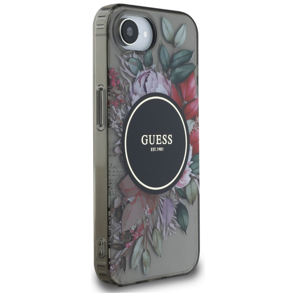 MagSafe Hülle für Apple iPhone 17e / 16e, Guess, IML Flowers, Schwarz