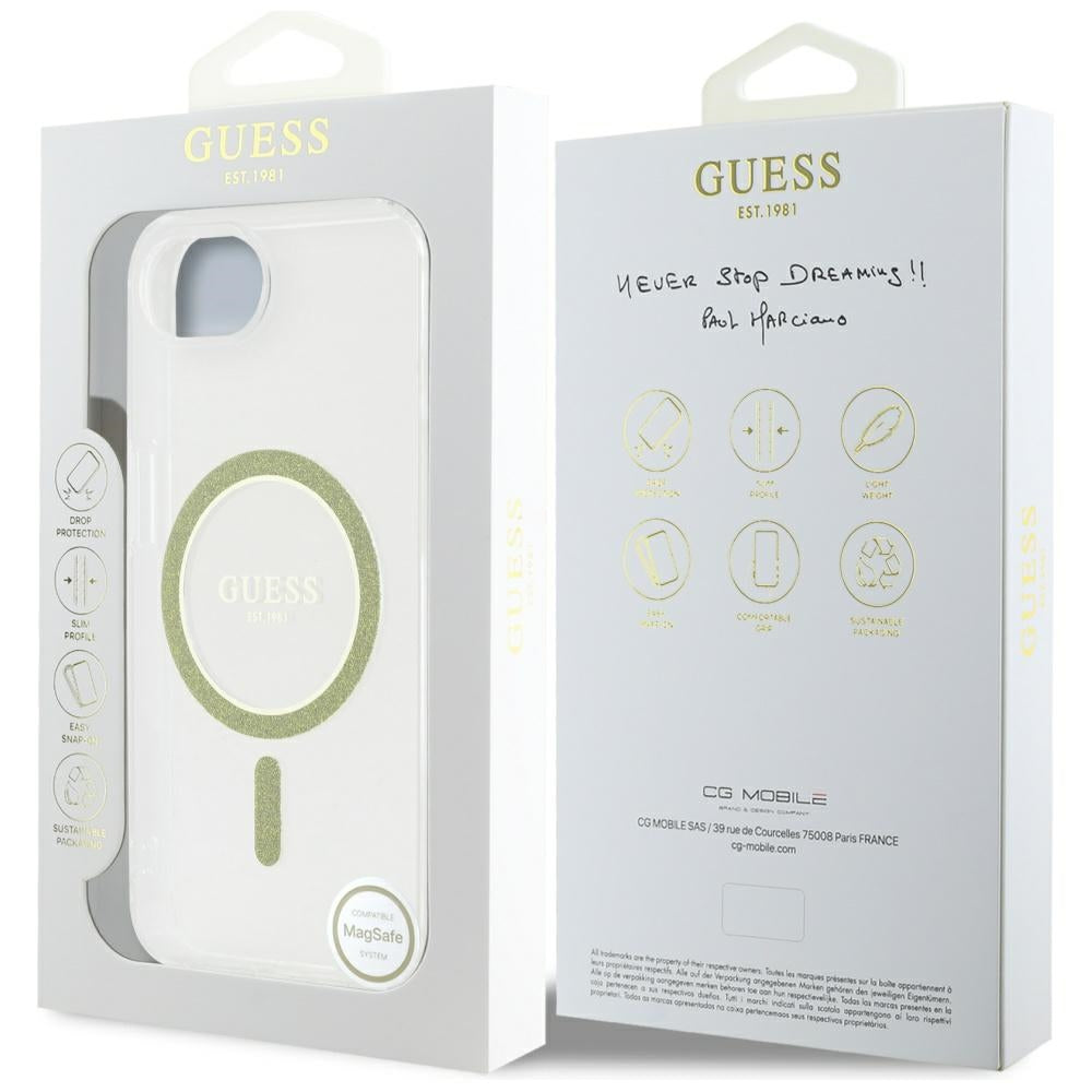 MagSafe Hülle für Apple iPhone 17e / 16e, Guess, IML Glitter Circle, Transparent