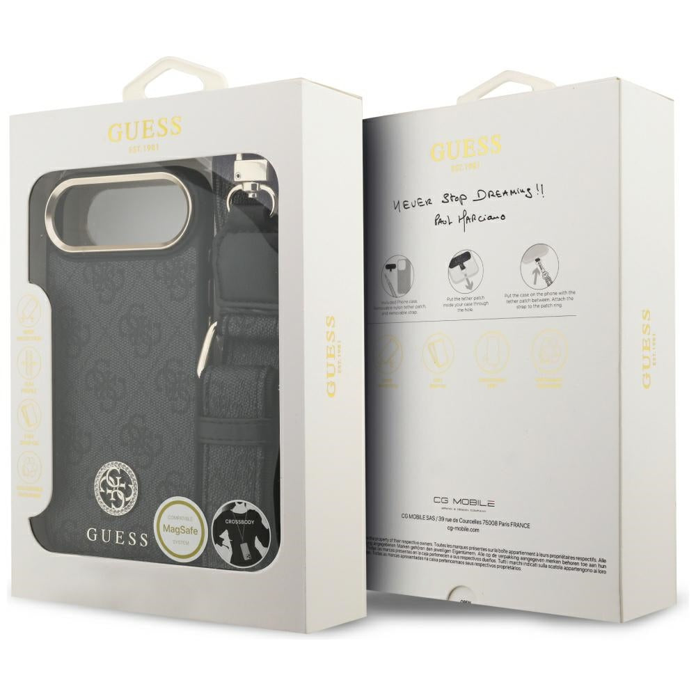 MagSafe Case for Apple iPhone 17 Air, Guess, 4G Strass Logo with Big Strap, Black